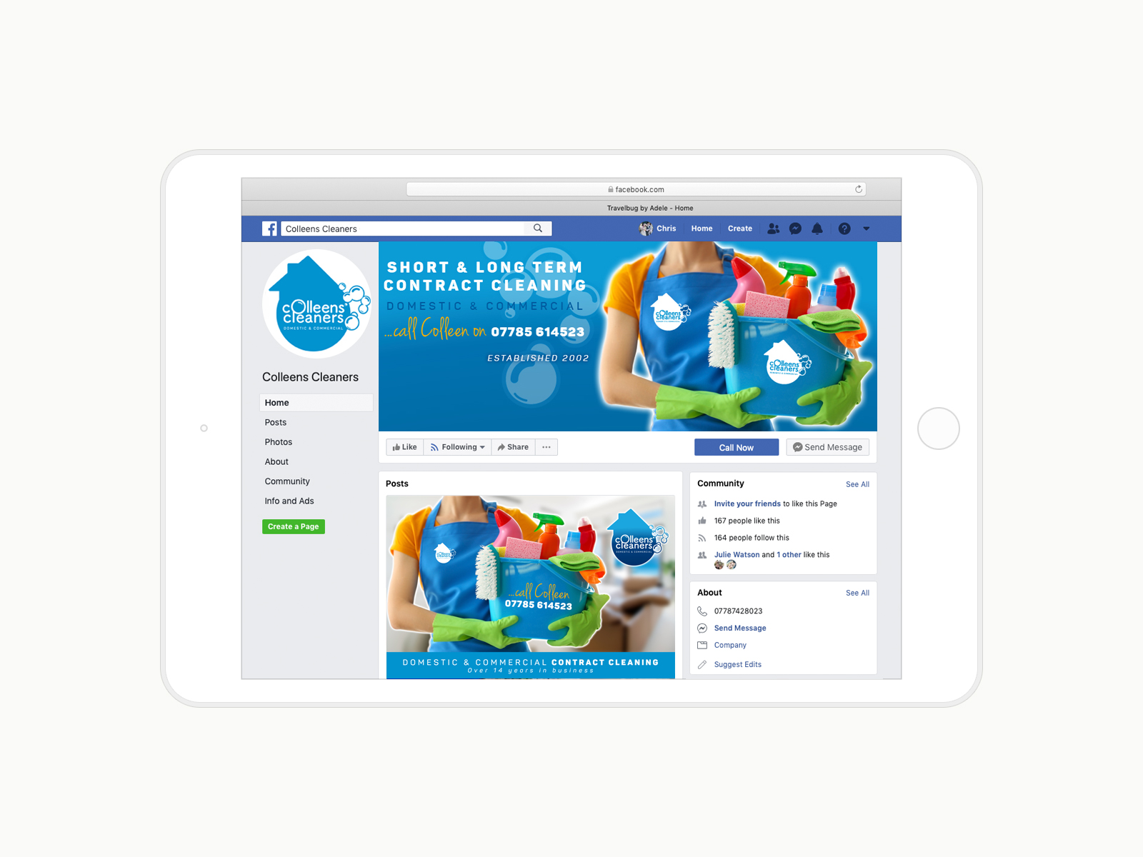 Colleens Cleaners - Social media header, logo and post