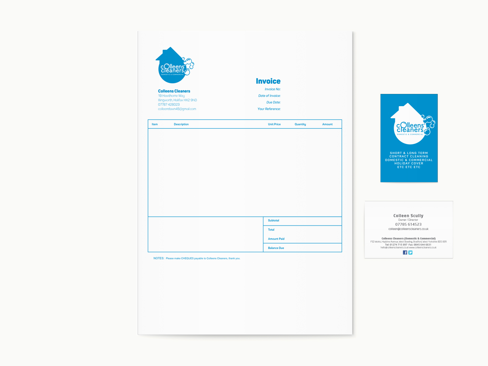 Colleens Cleaners - Invoice & business card design