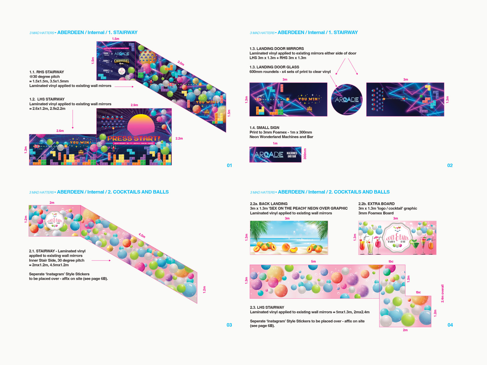 3 Mad Hatters site pack; scale drawings on key areas (Arcade and Cocktails & Balls) of the club branded with themed graphics and branding