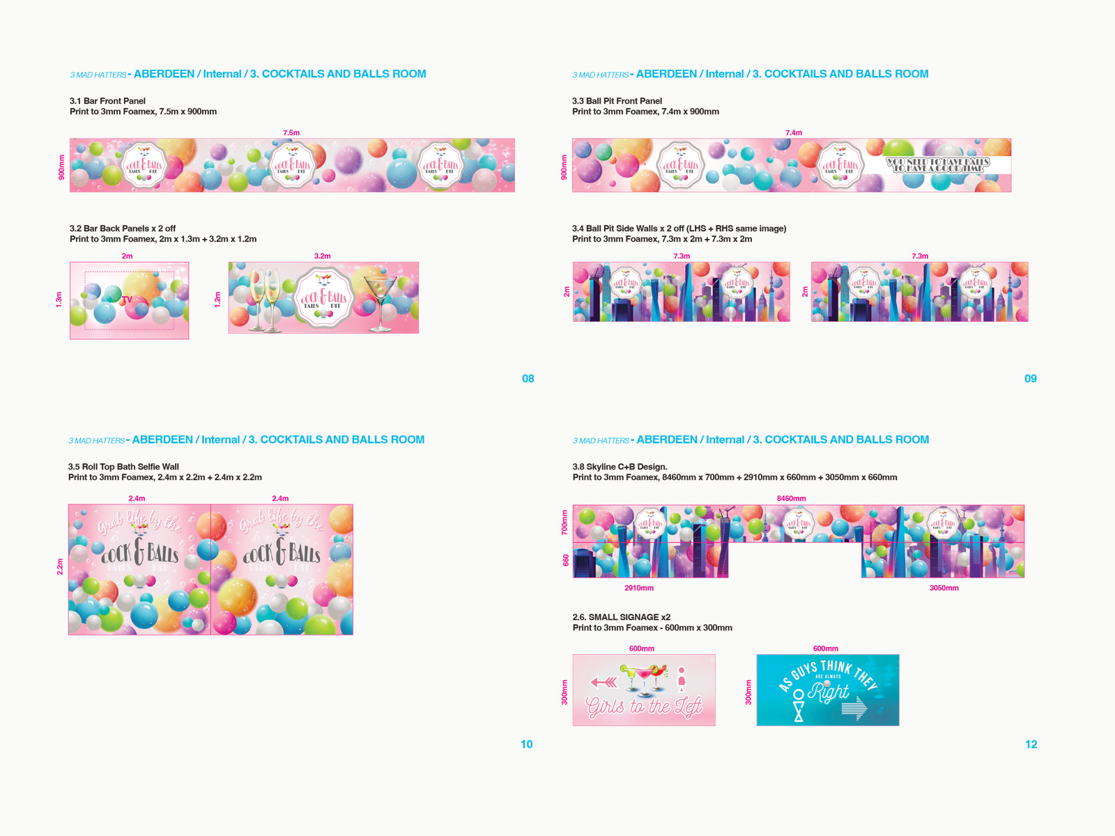 3 Mad Hatters site pack; scale drawings on key areas (Cocktails & Balls) of the club branded with themed graphics and branding