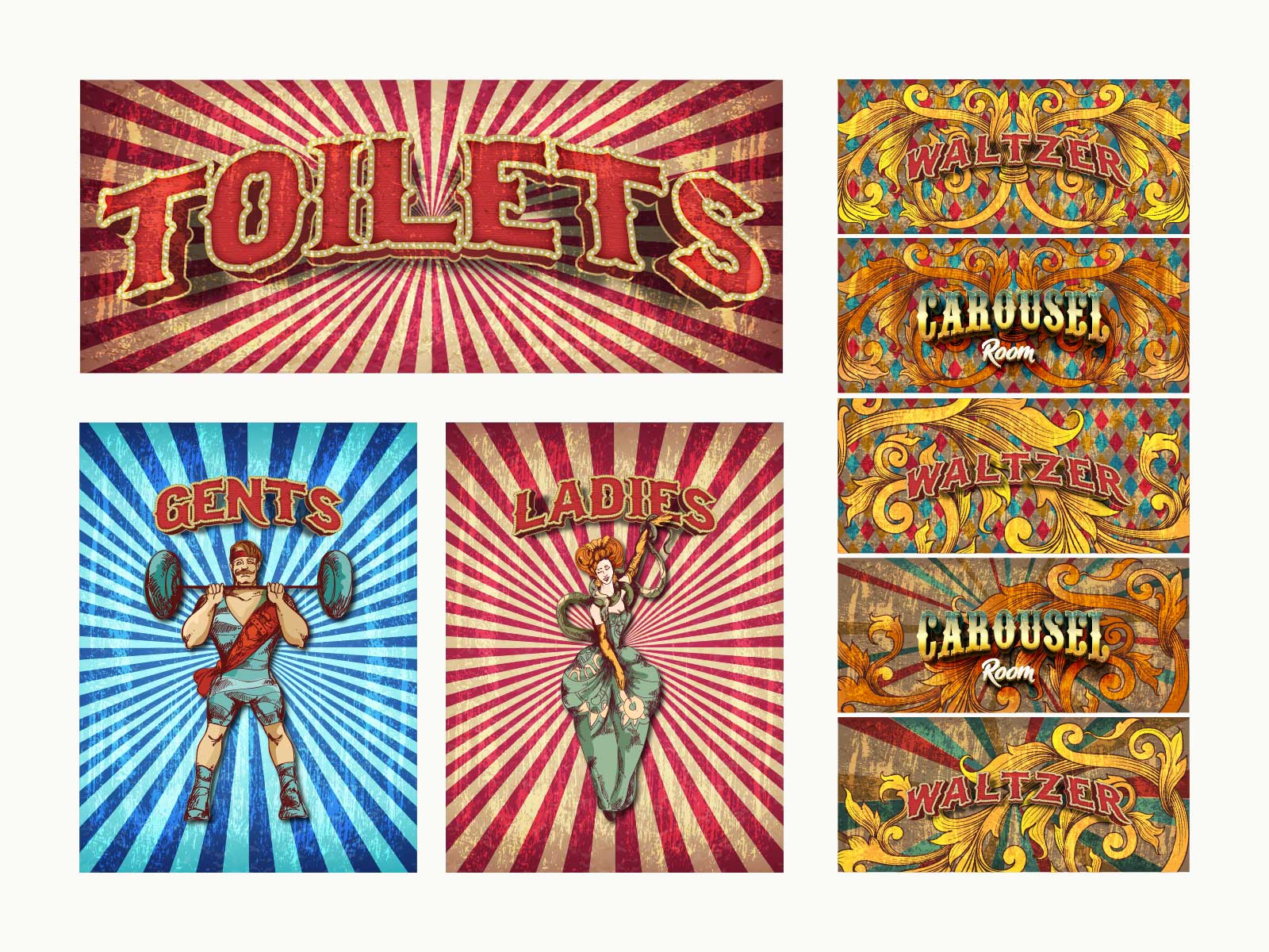 3 Mad Hatters; Carousel Room , Waltzer Seating Wraps and Toilet Signage