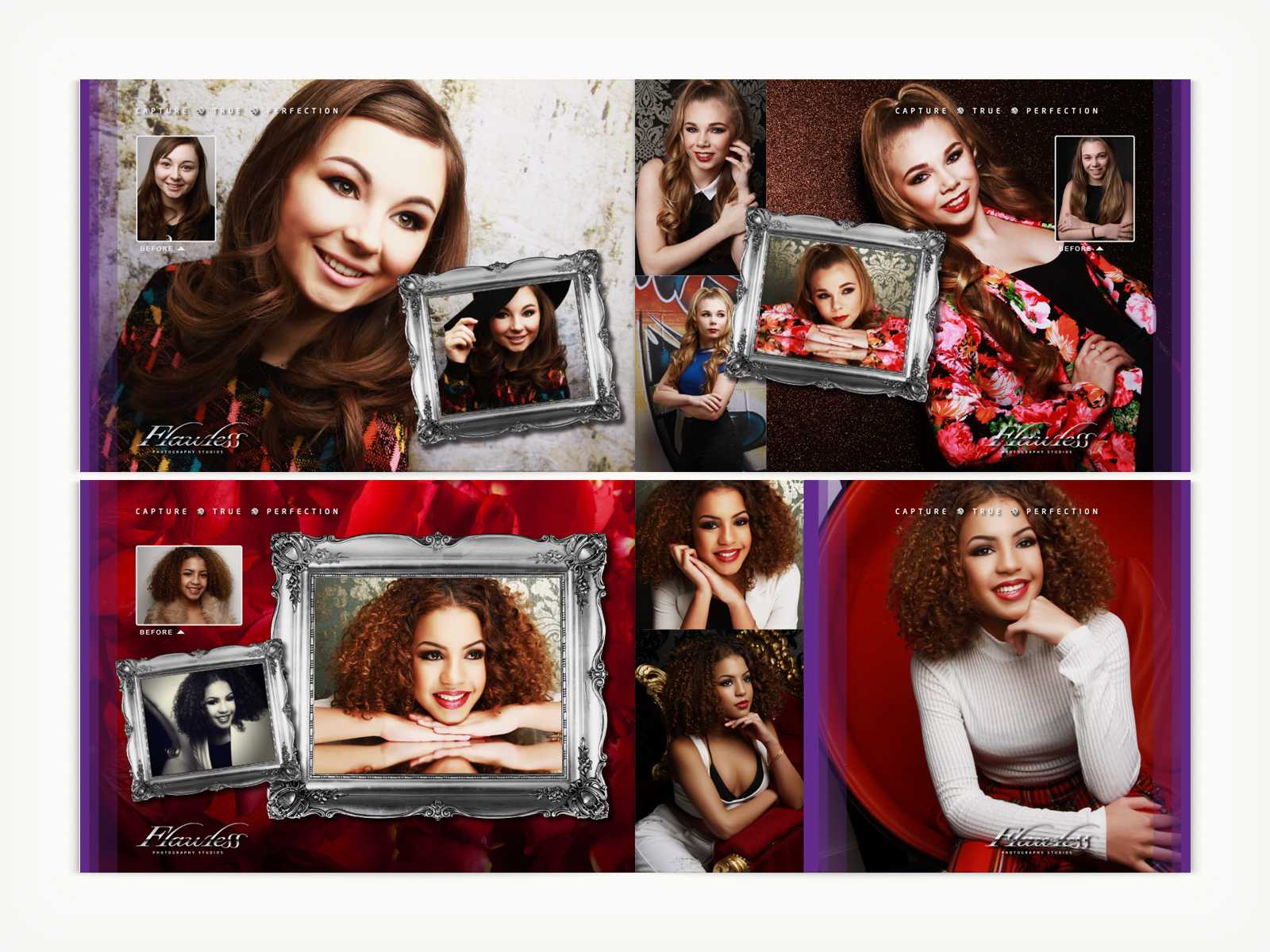 Flawless Photography Studios - Print, Portfolio Book - Couple of page spread designs