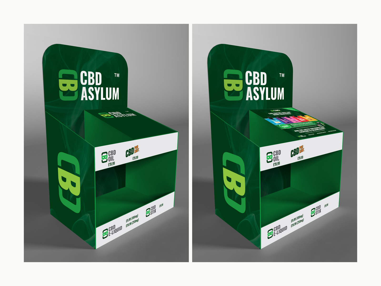 CDB ASYLUM Vape; proposed cardboard POS for new product range.