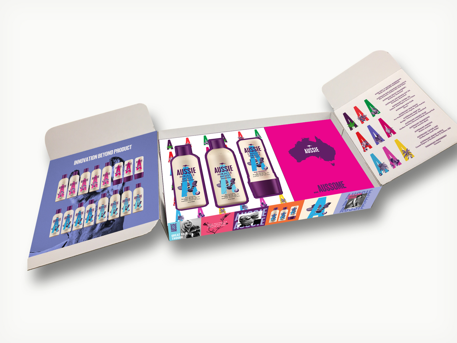 Procter & Gamble Beauty Care; Aussie Haircare sample box (packaging) open mock-up